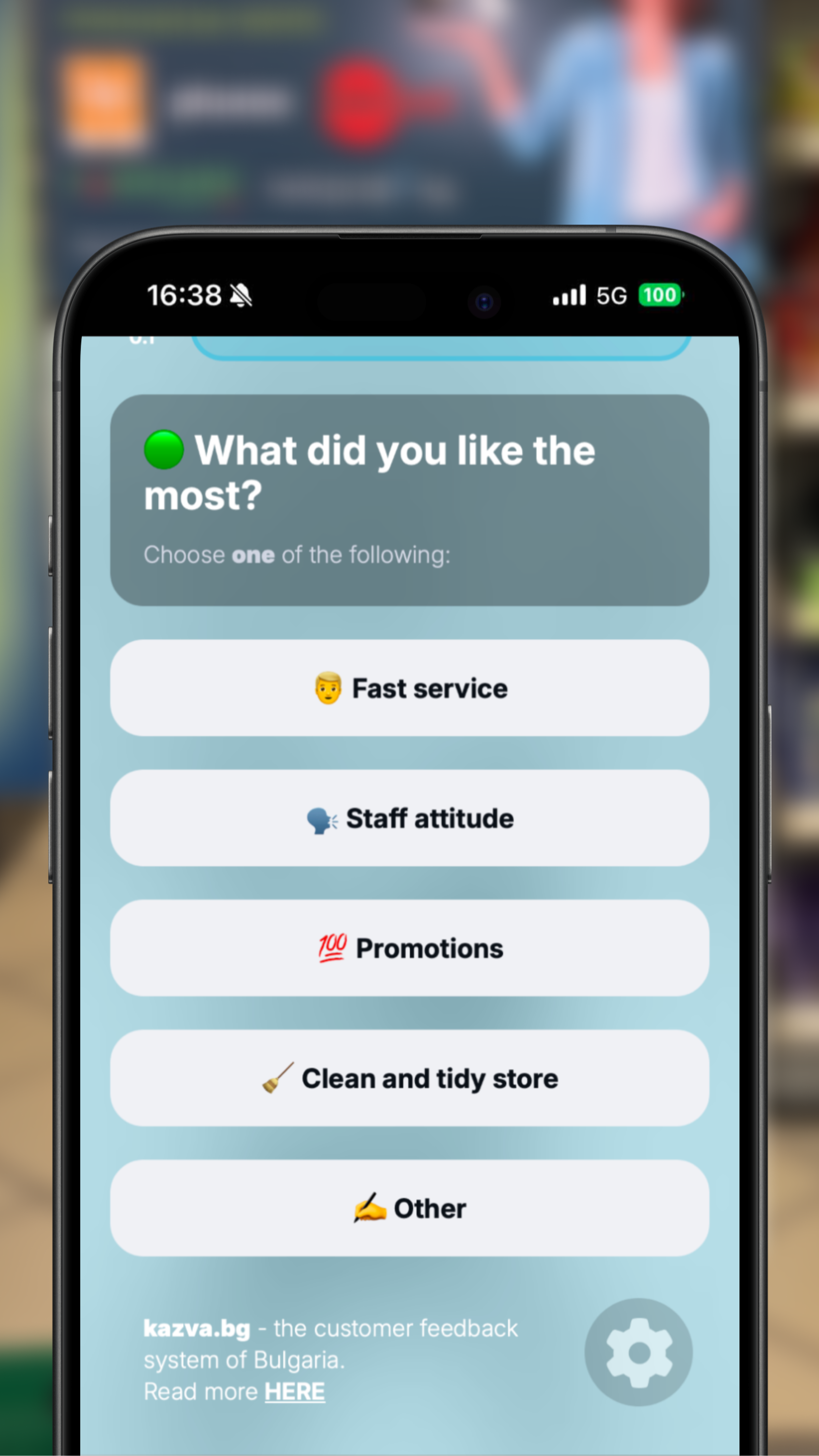 Selecting a reason for the rating in Minimart survey